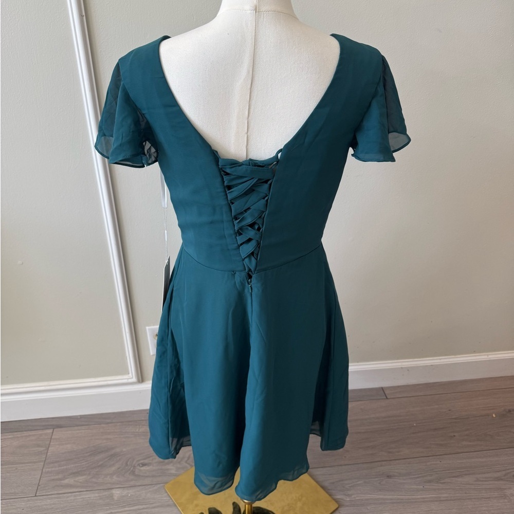 Chic Teal V-Neck Mini Dress - Picture 2 of 9